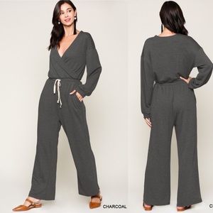 Wide Leg Long Sleeve Jumpsuit V-neck Grey Warm